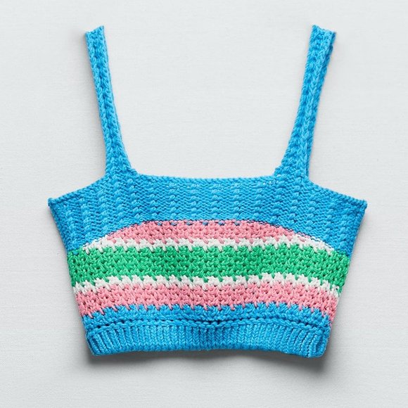NEW Zara Crochet Knit Striped Y2K Cropped Top Blue Pink Green White Small S - Picture 4 of 7